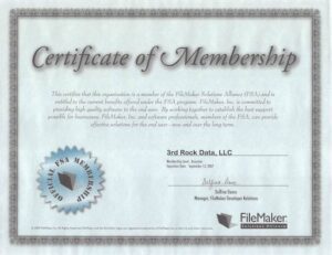 FileMaker Solutions Alliance Certificate Of Membership